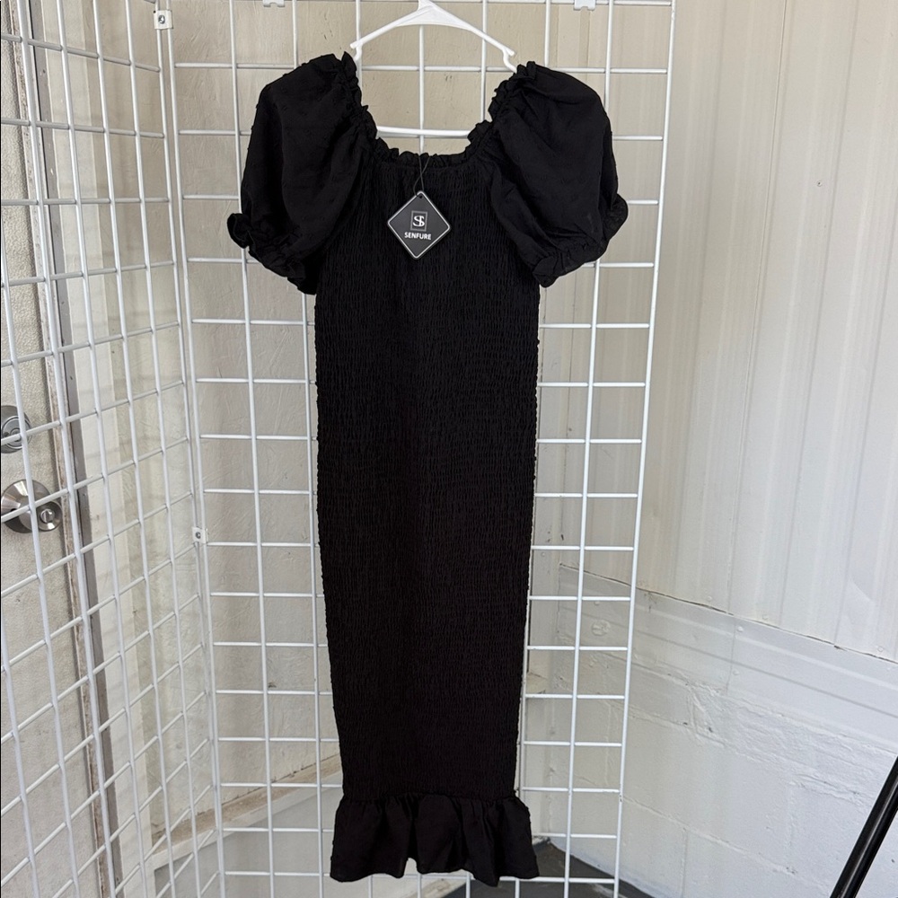 Black Puff Sleeve Midi Dress SZ SM WITH LOTS OF STRETCH